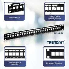 TRENDnet 24-Port 1U Patch Panel – Blank Keystone, 19" Rackmount, Black