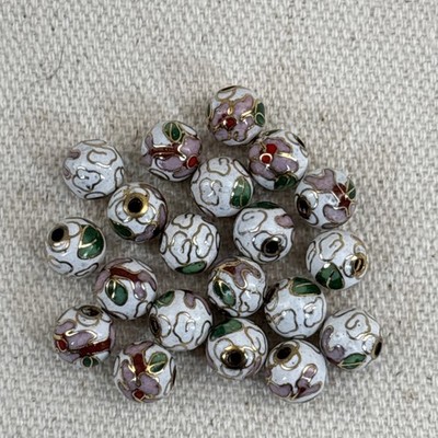 lot of 20 White w Pink Flowers Leaves Cloisonne Chinese Enamel Round Beads 8mm