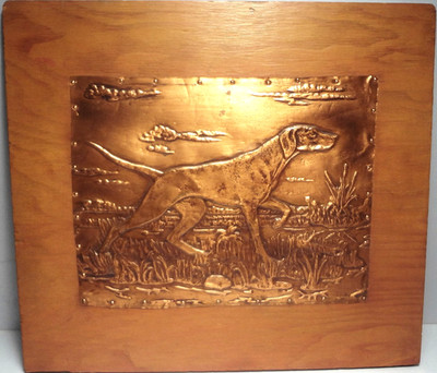 c1938 attributed to BRUCE FOX hand tooled POINTER HUNTING DOG COPPER PLAQUE