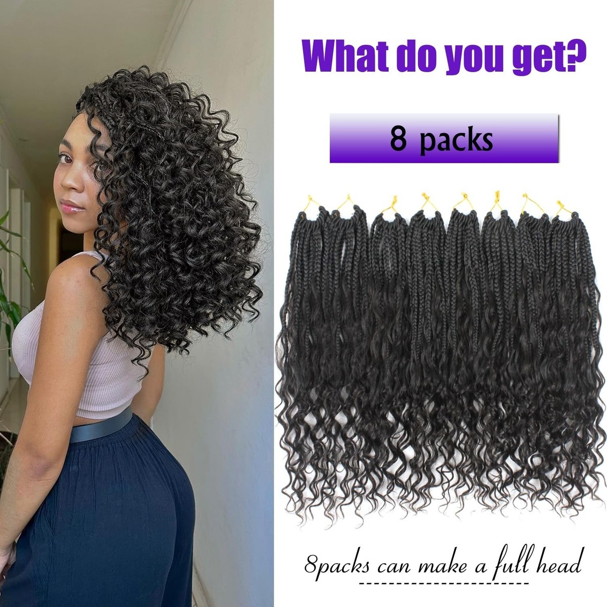 Buy 8 Packs Goddess Box Braids 10 Inch Pre-looped Bohemian Crochet Boho Box Braids With Curly Ends 3 X Crochet Braids Hair For Black Women Synthetic Braiding Hair 16 Strands 1 B - View #8