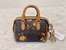 Coach Floral Mini Bag Keychain Charm Brown Leather Detachable Clip Logo