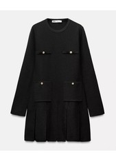 Zara Women Black Long Sleeve Pleated Mini Dress Gold Button Detail Small