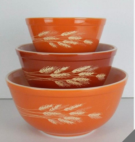 Vintage Pyrex Autumn Harvest Wheat Nesting Mixing Bowls Set 401, 402 ...