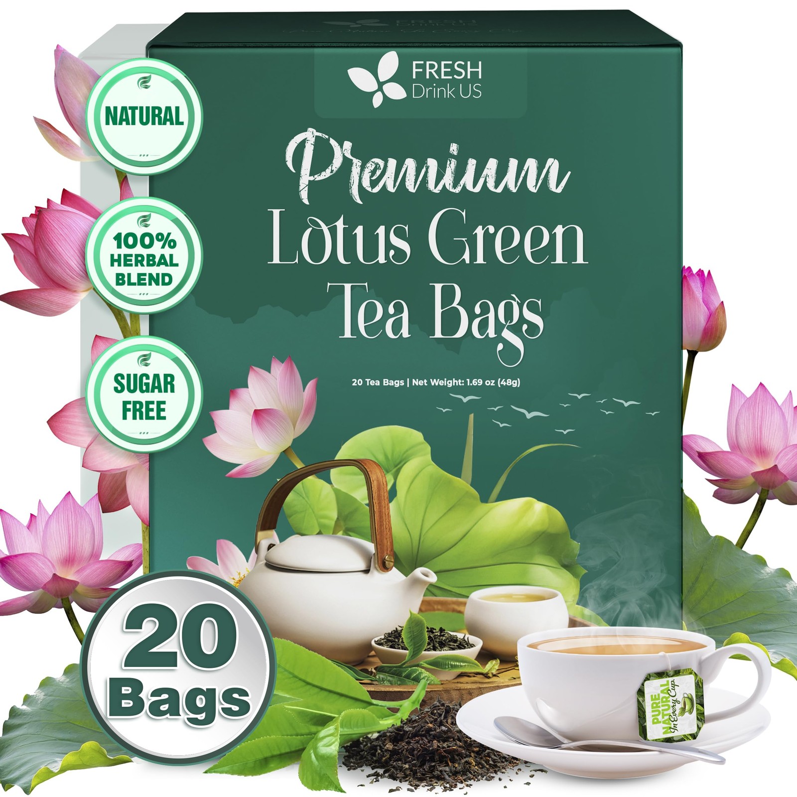 Bags Of Lotus Green Tea, 100% 20