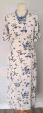 Vintage 1930s 1940s style Cream Blue floral Maxi party tea dress UK 12 US 8