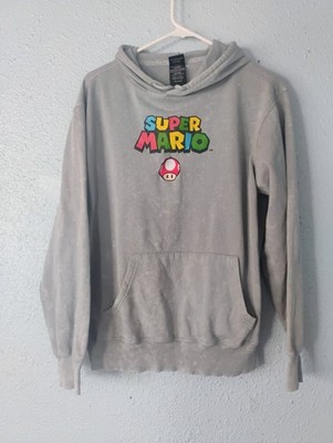 Super Mario Hoodie Gray Mineral Wash Pullover Double-Sided Mens Small Nintendo