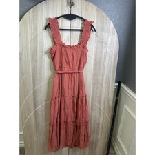 June & Hudson Women's Maxi Dress Ruffle Strap Tiered Tie Waist Coral L