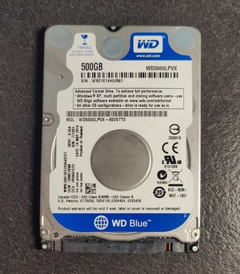 Western Digital WD Blue 500 GB 2,5''-Festplatte (Modell WD5000LPVX-80V0TT0).