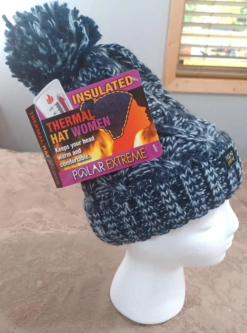 Polar Extreme Womens Blue Marled Pom Pom Knit Fleece Insulated Thermal Beanie OS