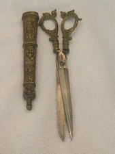 Antique German Ornate Brass Taylors Scissors with Sheath