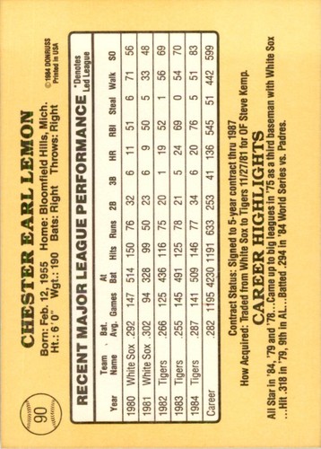 1985 Donruss Chet Lemon Baseball Cards #90 - Picture 2 of 2