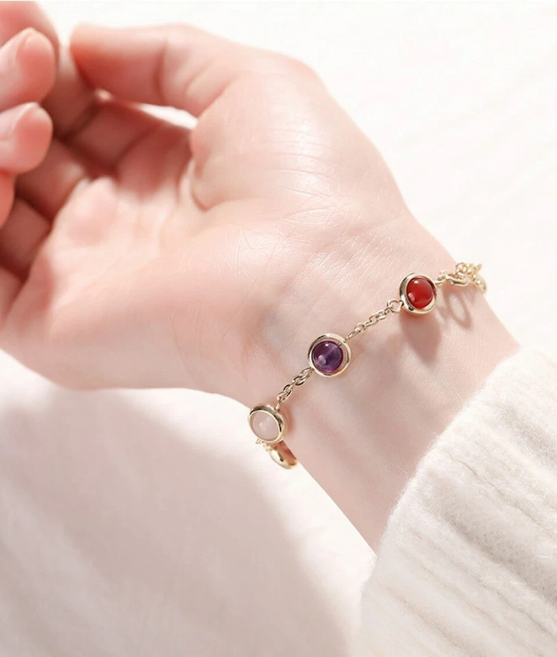 Brazalete ZARD Amatista Cuarzo Rosa Ágata Gema Natural Alambre Envuelto en Oro Relleno Foto 4 de 4