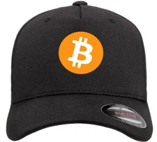 Bitcoin Logo Crypto Symbol Hat Flexfit Baseball Cap Printed Emblem S/M & L/XL