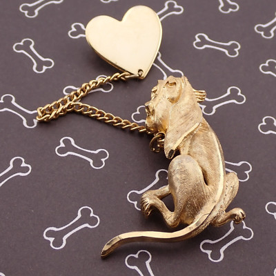 Vintage Hound Dog Puppy Heart Chatelaine Gold Tone Pin Brooch Set