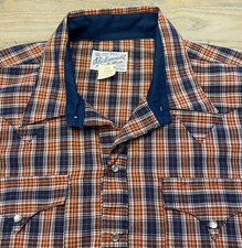 VTG Rockmount Ranch Wear Shirt Pearl Snap Mens 17 M Blue Red Plaid Western USA