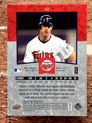 2008 Upper Deck Timeline Joe Mauer #42 - 第 2/2 張圖片
