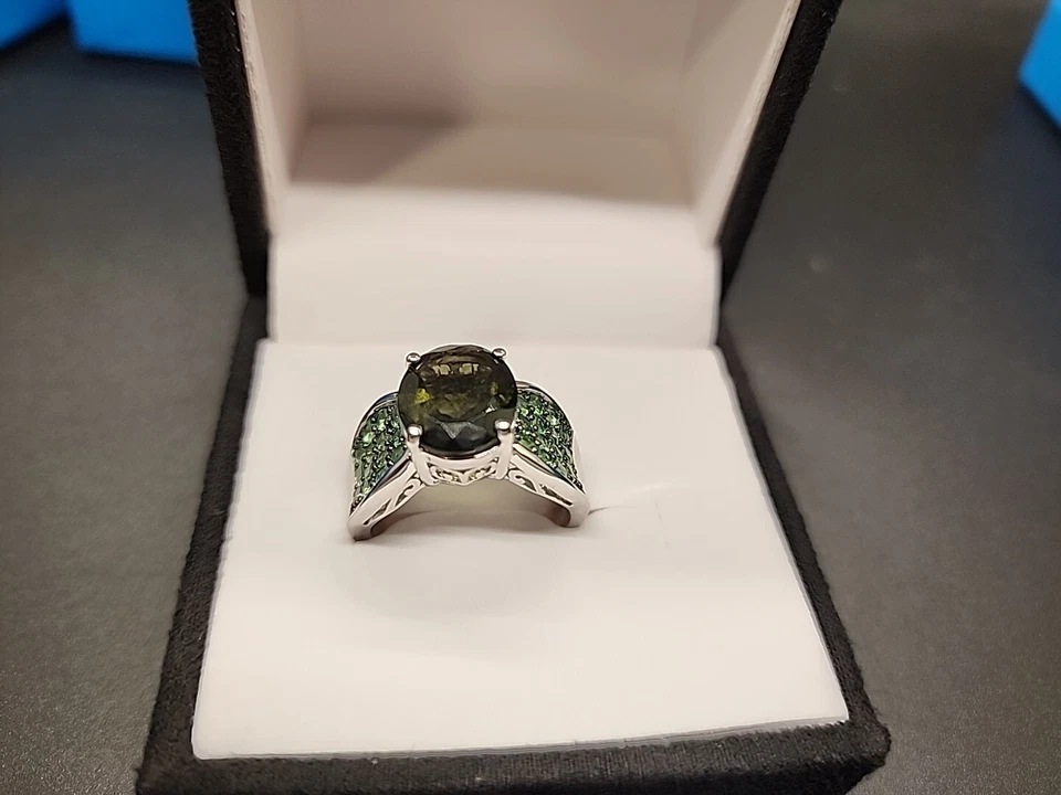 Green Moldavite Rhodium Over Sterling Silver Ring 3.80ctw Size 9 NEW JTV - Image 2 of 4