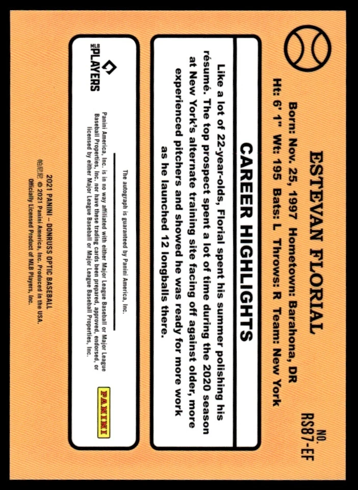 2021 Donruss Retro 1987 Signatures RC Estevan Florial -- Auto New York Yankees - Image 2 of 2