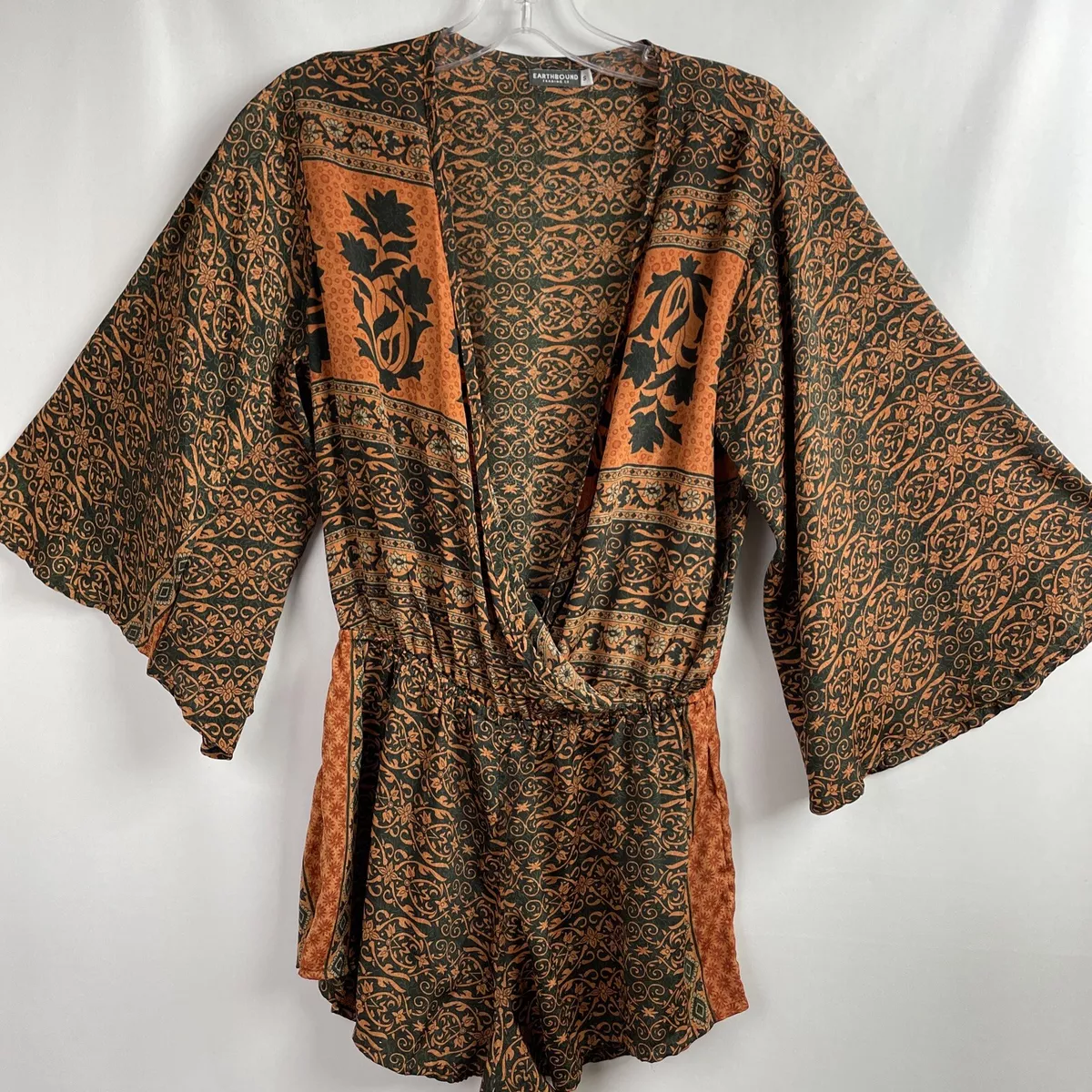 Earthbound Trading Co Womens Small Bell Sleeve Faux Wrap Romper