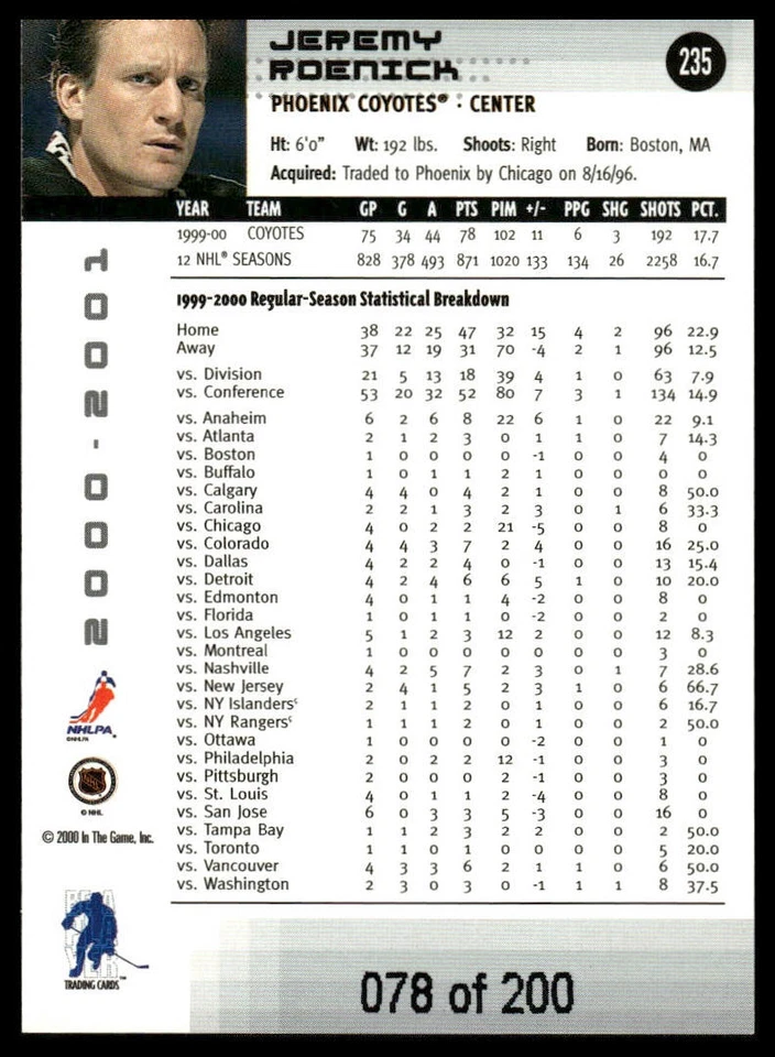 2000-01 Be a Player Memorabilia #235 Jeremy Roenick Ruby #/200 - Image 2 of 2