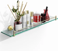 Glass Shelf for Bathroom,24-Inch Brushed Gold Glass Bathroom Shelf Modern Stainl