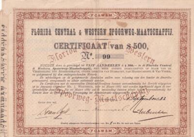 1887 Florida Central & Western Railroad Aktien - Niederlande niederländische Ausgabe - SAL