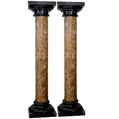 Pair Of Emperador Marble Columns With Black Marquinia Capital H 100Cm