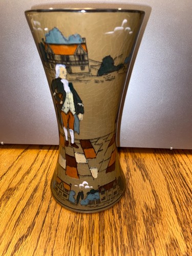 Buffalo Pottery Deldare Ye Olden Days 3 Men in Town Square Vase Has Crazing - Picture 4 of 8