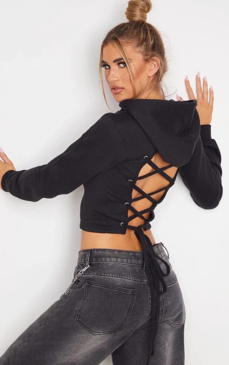 blanc BLACK LACE UP BACK CROP HOODIE Large eBay