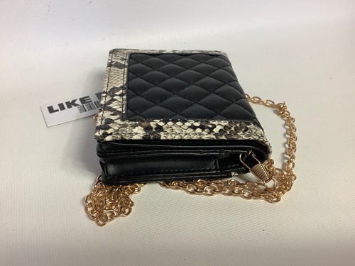 Like Dreams Square Crossbody Wallet With Gold Chain Strap B&W Snakeskin Quilted - Picture 4 of 9