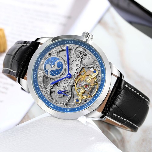 Mens Automatic Leather Wrist Watches Leather Strap Self-Winding Mechanical Punk - Picture 6 of 20