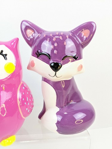 Girls Room Decor 3 Set Ceramic Animals Fox Cat Owl Set Home Tabletop Office 6in - Picture 4 of 8