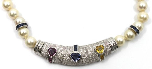 Akoya Pearl Diamond & Sapphire Collar Choker Necklace in 18k Solid White Gold - Picture 6 of 15