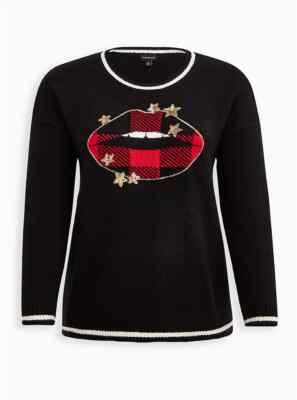 TORRID ( 4X   26 ) Crew Pullover Sweater  Star Lips Black Red Plaid Gold Sequins