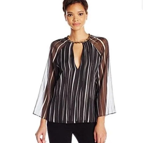 HALSTON HERITAGE Gauzy Striped Blouse 10 Black White Chic
