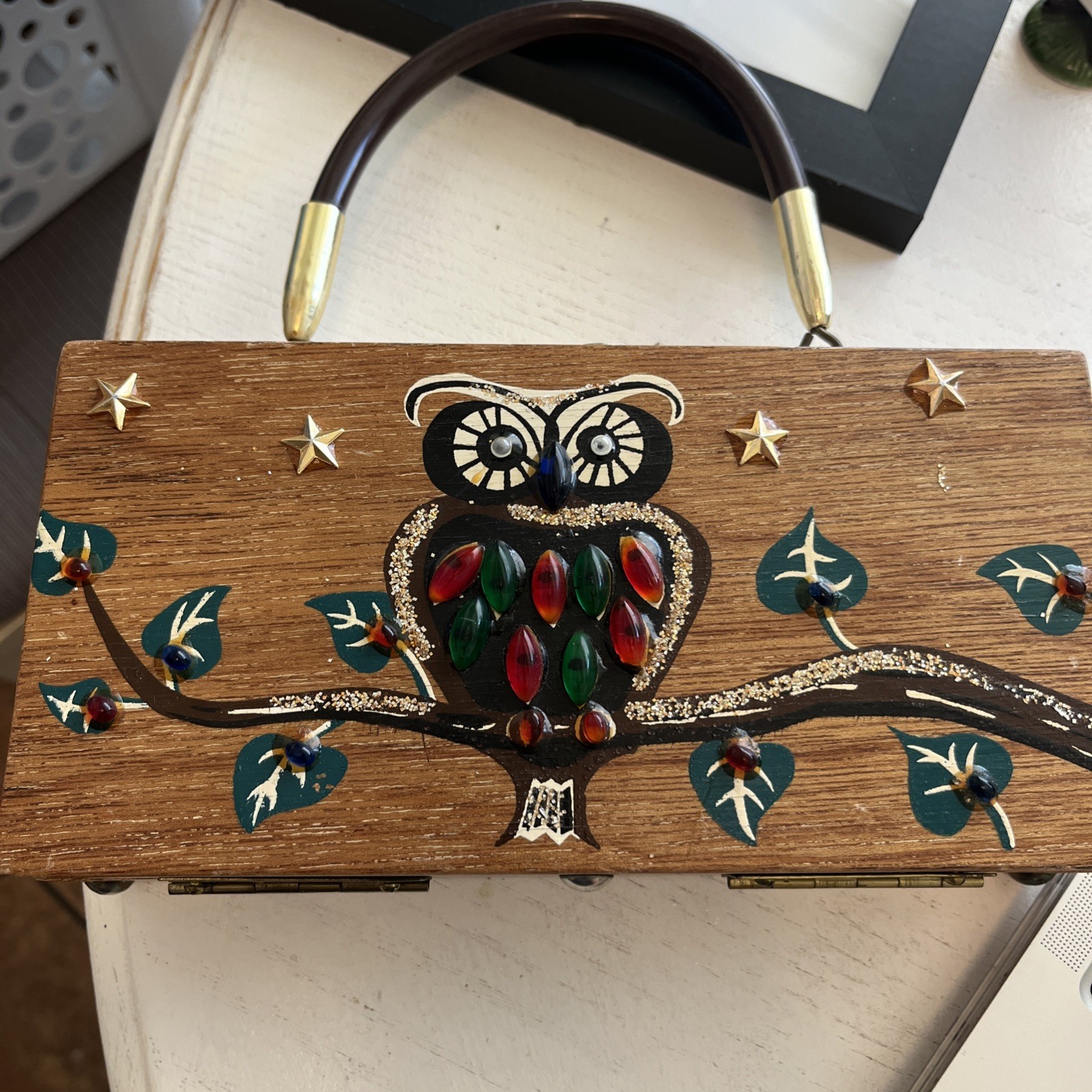 Vintage 1960s Gary Gails wooden purse - hand painted owl