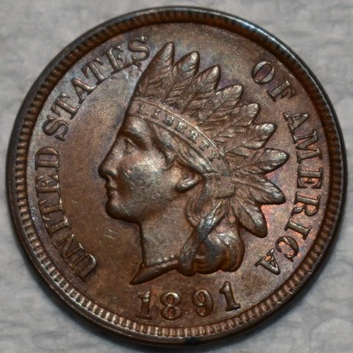 AU-UNC 1891 Indian Head Cent,  Highly Lustrous & Sharply Struck.