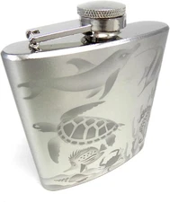 Hand-Etched SS Flask Sandblasted with Stainless Funnel, Aquatic Animals 6oz