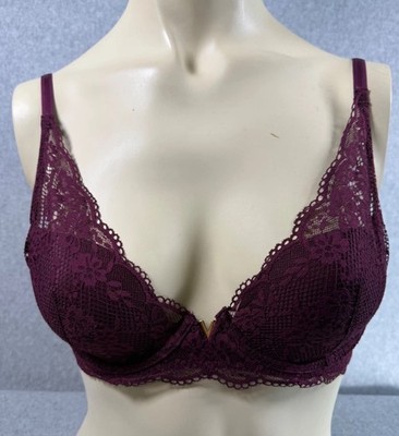 Victoria Secret Plunge 34C Bra Lightly Lined Underwire Lace Overlay Burgundy