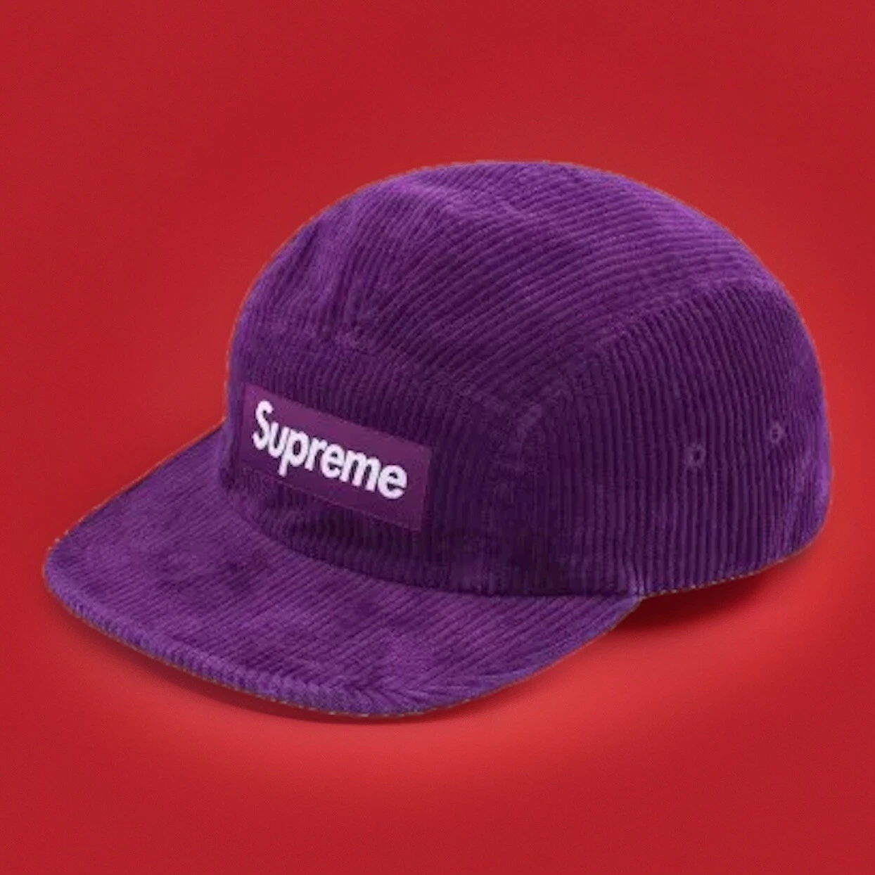 Casquette de camp velours côtelé logo boîte SUPREME • Violet • Neuve • Envoi rapide