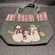 vintage longaberger Christmas Holiday Snowman Trio Tote Bag Purse Plaid Canvas