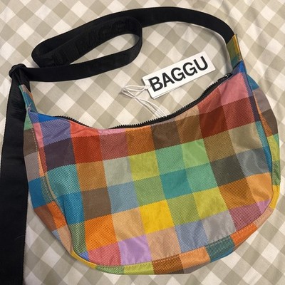 NWT BAGGU Madras Medium Nylon Crescent Bag