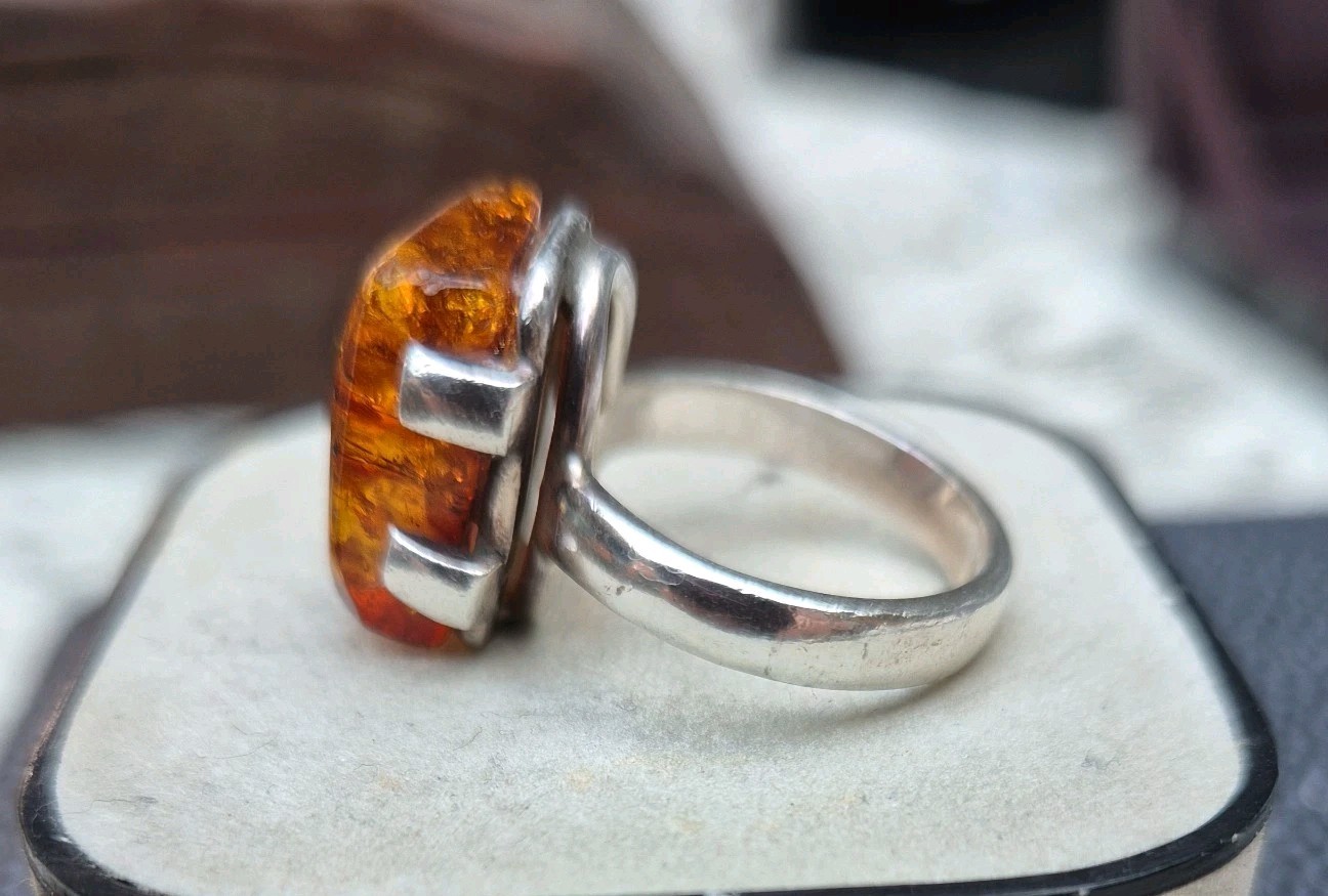 Sterling Silver Rectangular Amber Ring Size N 1/2 - image 1