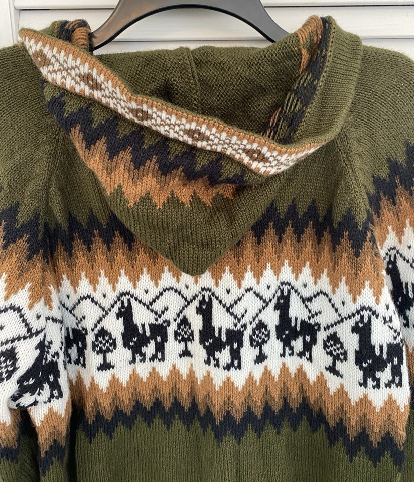 Hecho a mano Talla Med Perú Mezcla de Lana de Alpaca Llama Suéter Bolsillos Capucha Ligero  Foto 4 de 4
