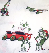 Vintage Fabric Atomic Jetsons Style Space Rockets  Solar System Space 42" x 88"