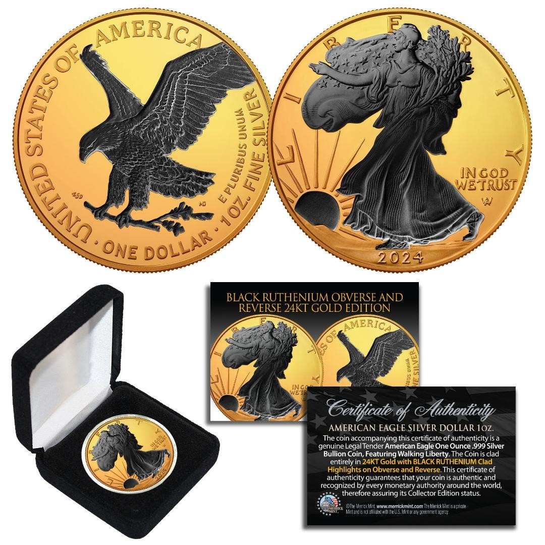 2024 1 oz .999 Silver American Eagle US Coin 24K Gold Gilded w/ Black ...