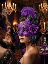 Purple Lace Masquerade Mask with Feathers and Flower