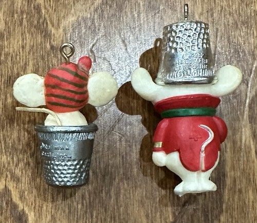 Pair (2) 1980’s Hallmark Mouse In Thimble Ornaments  - Picture 5 of 8