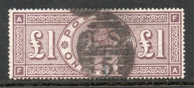 #ad GB QV SG186 SCARCE £1 brown lilac WMK ORBS USED. Cat £4500. FA GBP 795.00