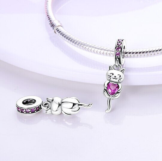 Pink Heart Cat Kitten Charm Dangle in Genuine 925 Sterling Silver for Mum or Wife